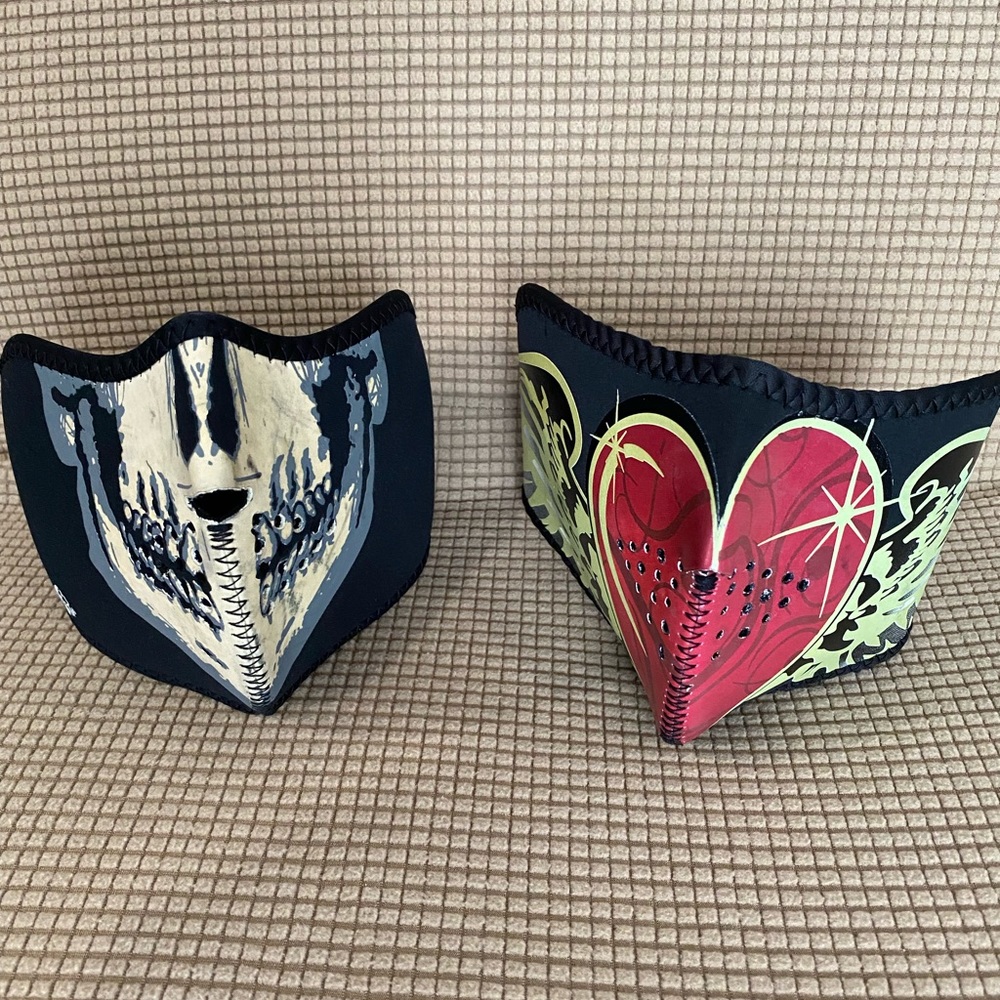 Motorcycle head gear items, his and her, neoprene face covers, HD skull cap, etc